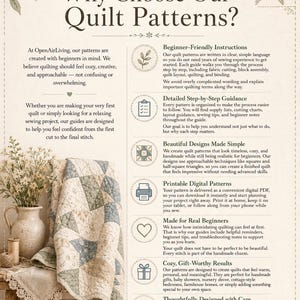 K&ouml;nnte beinhalten: Ein Informationsblatt f&uuml;r OpenAirLiving-Quiltmuster auf beigem Hintergrund mit dunklem Text. Es listet sechs Vorteile der Muster auf, darunter anf&auml;ngerfreundliche Anleitungen, schrittweise Anleitungen und druckbare digitale Formate.
