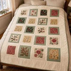 May include: A patchwork quilt featuring a grid of square fabric blocks with various floral and botanical prints in shades of red, green, and gold. Each square is framed by a sage green border, set against a cream-colored background.