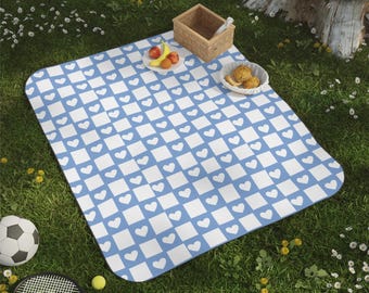 Coperta da picnic a scacchiera con cuore blu / coperta da esterno, retro impermeabile