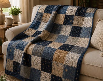 Modello per trapunta patchwork al chiaro di luna in PDF, modello per trapunta per principianti, guida facile per trapunte a quadrati, tutorial per trapunta celeste, modello stampabile per trapunta da divano in PDF