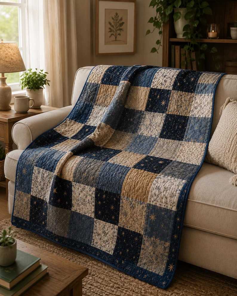 Puede incluir: Una colcha de patchwork con una cuadr&iacute;cula repetitiva de paneles de tela cuadrados en tonos azul marino, crema y beige. El dise&ntilde;o incluye cuadrados azul marino lisos, cuadrados crema con patrones intrincados y cuadrados azul marino con motivos de estrellas doradas.