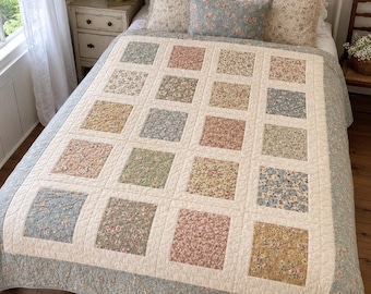 Modello di trapunta Prairie Window in PDF, modello di trapunta per principianti, guida facile per trapunte in stile cottage, tutorial di patchwork floreale vintage, trapunta stampabile in PDF