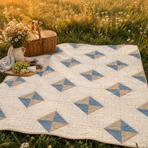 May include: A rectangular quilt featuring a repeating pattern of cream, light blue, and tan squares arranged in a geometric design. The quilt has visible stitching throughout and is laid out flat, showcasing a clean, quilted texture and fabric construction.