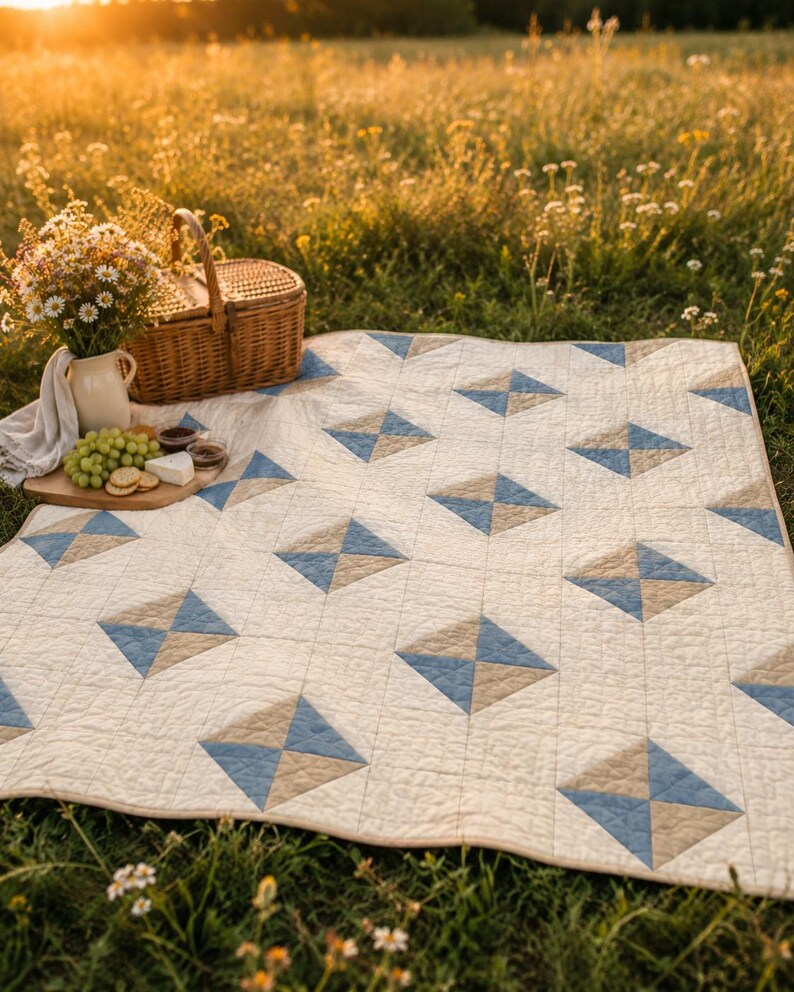 May include: A rectangular quilt featuring a repeating pattern of cream, light blue, and tan squares arranged in a geometric design. The quilt has visible stitching throughout and is laid out flat, showcasing a clean, quilted texture and fabric construction.