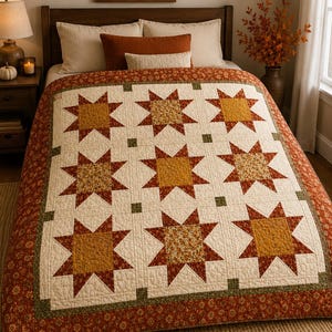 Könnte beinhalten: Eine Steppdecke mit einem wiederkehrenden Muster aus neun großen Sternen in Senfgelb und Rostorange auf cremefarbenem Grund. Die Decke hat einen breiten Rand mit einem kleinen Blumenmuster in Rostorange, Grün und Creme sowie kleine grüne Quadrate.
