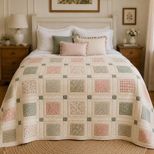 Molde em PDF para colcha Cottage Window, Molde para colcha Cottagecore para iniciantes, Guia fácil para colcha patchwork emoldurada, Colcha floral estilo fazenda