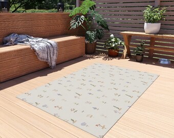 Wildflower Pattern Outdoor Rug | Botanical Patio Mat, Neutral Garden Print