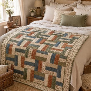 May include: A rectangular quilt featuring a geometric pattern of interlocking fabric strips in shades of rust orange, sage green, and dusty blue, accented with cream-colored floral fabric blocks and a matching floral border trim.