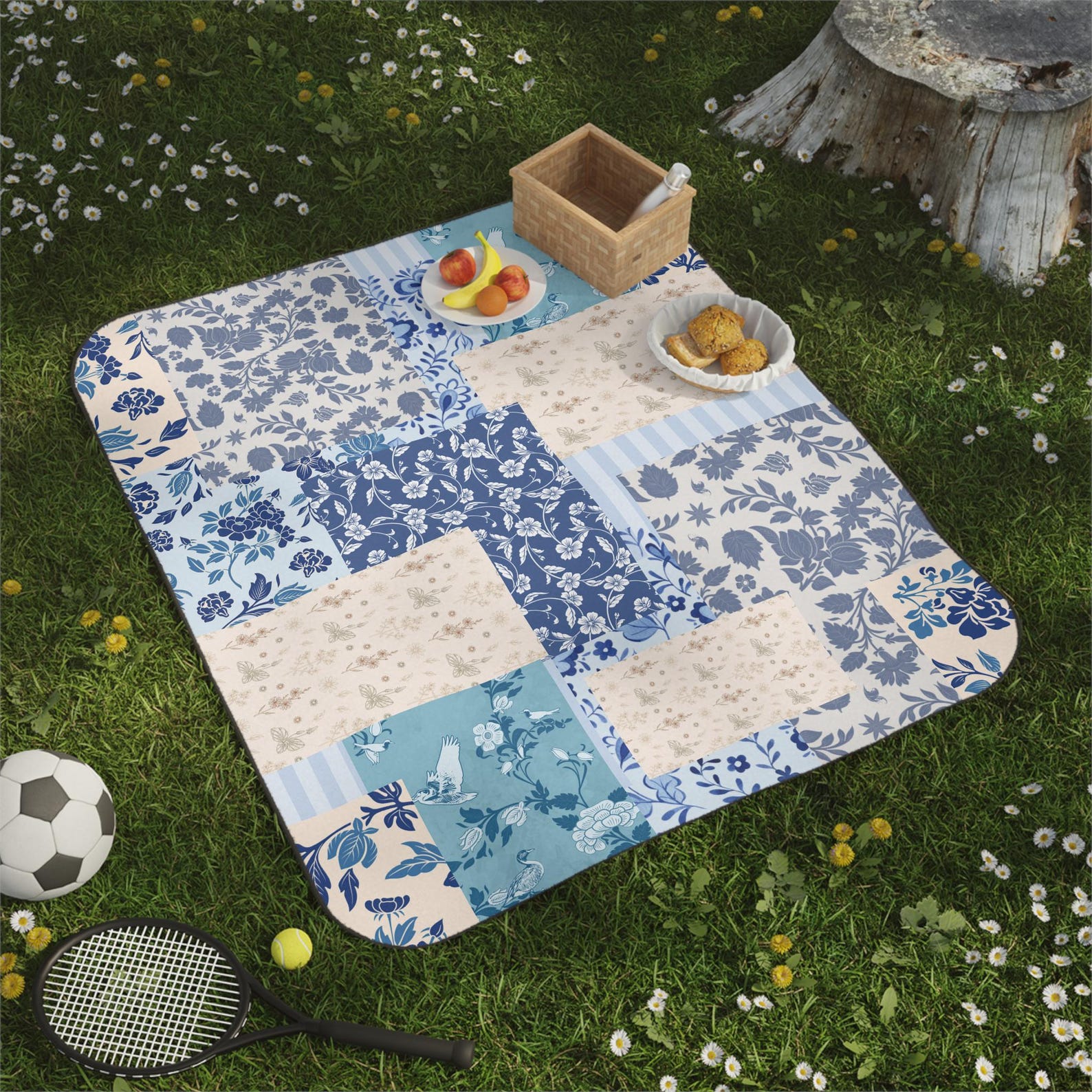 Blue Floral Patchwork Picnic Blanket | Waterproof Backing