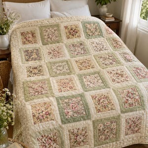 Puede incluir: Una colcha de patchwork con una cuadrícula repetitiva de bloques cuadrados. El diseño alterna entre cuadrados de tela con motivos florales en tonos rosa, crema y verde, y cuadrados de color verde salvia sólido, enmarcados por bordes de color crema.