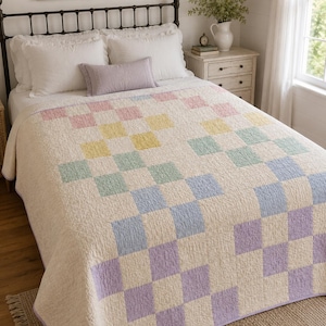 Pastellfärgade Garden Steps-quiltmönster i PDF-format, enkelt fyrkantigt lapptäcke för nybörjare, sömnadsguide för pastellfärgade stugquilts, utskrivbar handledning