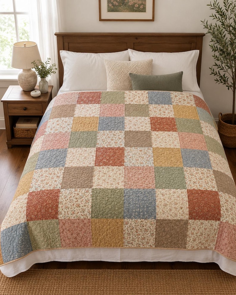 May include: A colourful patchwork quilt on a bed. The quilt is made up of squares in shades of blue, pink, yellow, and floral patterns. The bed has white pillows and a wooden headboard. A lamp and bedside table are also visible.