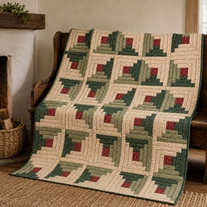 May include: A quilt featuring a log cabin pattern with repeating blocks of cream, sage green, dark forest green, and deep red fabric strips. The textile is constructed with visible stitching and a consistent geometric arrangement of colored fabric pieces.