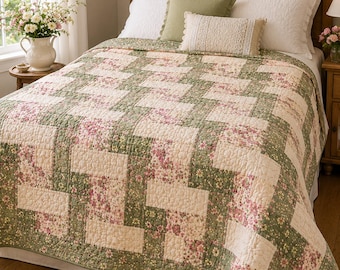 Modello PDF per trapunta Meadow Path, modello per trapunta per principianti, guida facile per trapunte patchwork in stile cottage, tutorial stampabile per trapunte floreali