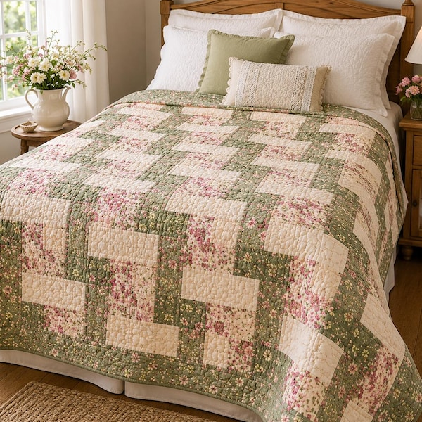 Meadow Path Quilt Pattern PDF, Beginner Quilt Pattern, Easy Cottage Patchwork Quilt Guide, Printable Floral Throw Quilt Tutorial