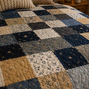 Puede incluir: Una colcha de patchwork con una cuadr&iacute;cula de paneles de tela cuadrados en tonos azul marino, bronceado y crema. El dise&ntilde;o incluye patrones de estrellas doradas, lunas crecientes y motivos florales peque&ntilde;os, con textura acolchada.