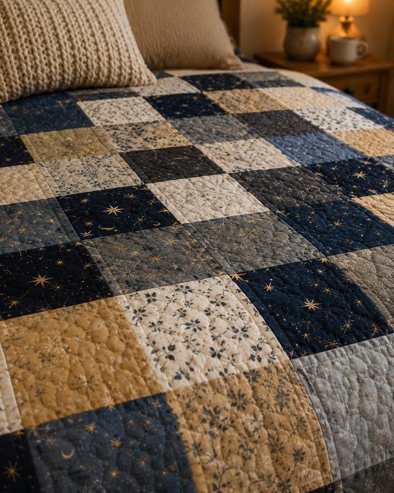 Puede incluir: Una colcha de patchwork con una cuadr&iacute;cula de paneles de tela cuadrados en tonos azul marino, bronceado y crema. El dise&ntilde;o incluye patrones de estrellas doradas, lunas crecientes y motivos florales peque&ntilde;os, con textura acolchada.