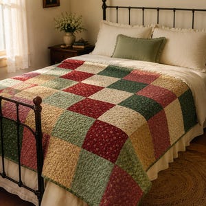 May include: A patchwork quilt featuring a repeating grid of square fabric panels in shades of deep red, forest green, and muted gold. Each square is decorated with a small-scale floral print pattern, and the quilt is draped over a bed frame.