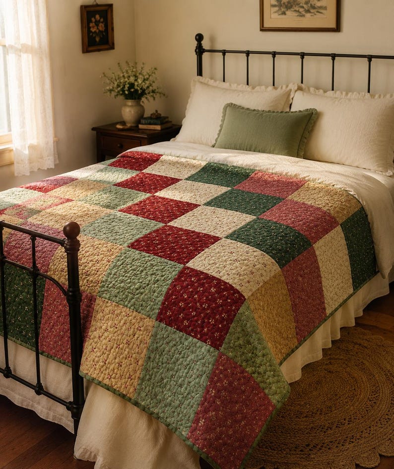 May include: A patchwork quilt featuring a repeating grid of square fabric panels in shades of deep red, forest green, and muted gold. Each square is decorated with a small-scale floral print pattern, and the quilt is draped over a bed frame.