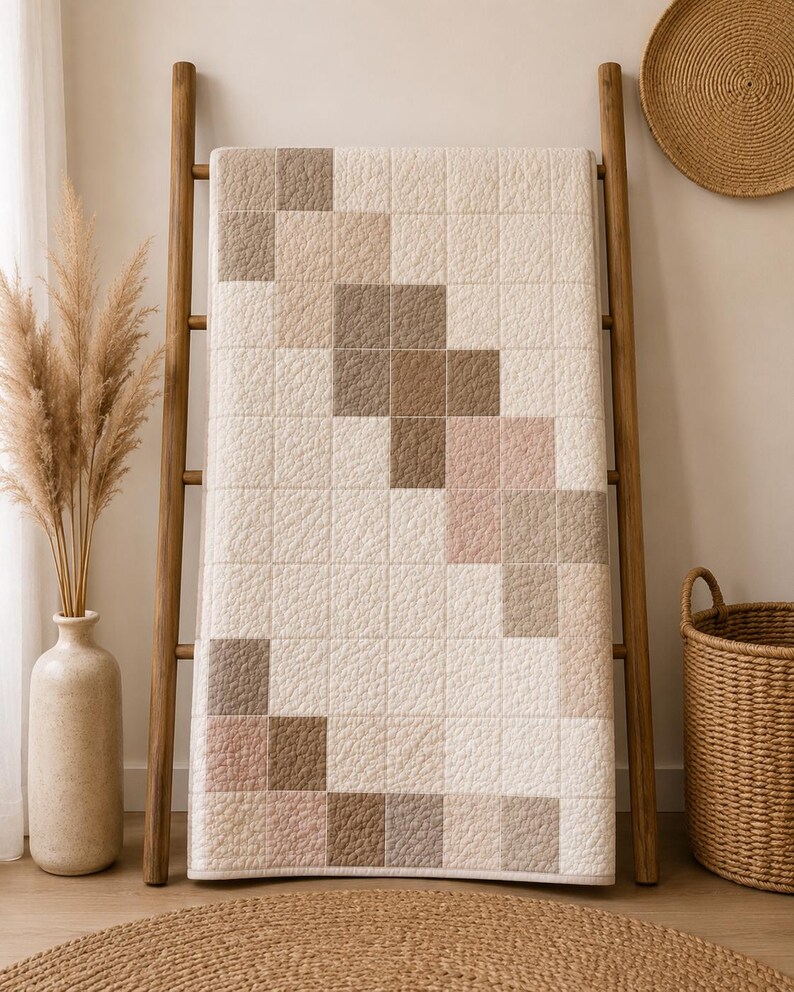 Puede incluir: Una colcha rectangular con un patr&oacute;n de cuadr&iacute;cula de cuadrados en tonos crema, beige, marr&oacute;n claro y rosa suave. La tela tiene una superficie texturizada y acolchada con l&iacute;neas de costura visibles que forman un dise&ntilde;o geom&eacute;trico.