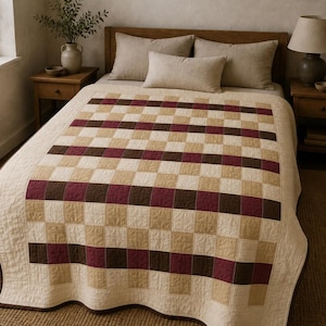 May include: A quilt featuring a repeating checkerboard pattern in shades of cream, tan, dark brown, and deep burgundy. The textile displays a grid of stitched squares, with a solid dark brown border edge finishing the rectangular design.