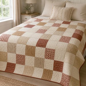 Könnte beinhalten: Eine Patchwork-Tagesdecke mit einem wiederkehrenden Schachbrettmuster aus Quadraten in Creme-, Beige- und Terrakottatönen. Die Decke weist verschiedene Texturen auf, darunter einfarbige Stoffe, dezente Vichy-Karos und kleine Blumenmuster.