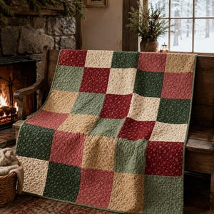 Könnte beinhalten: Eine Patchwork-Steppdecke mit einem sich wiederholenden Raster aus quadratischen Stoffbahnen in den Farben Dunkelrot, Waldgrün und Creme. Jedes Quadrat ist mit einem kleinen, komplizierten Blumenmuster verziert und die Decke ist gesteppt.