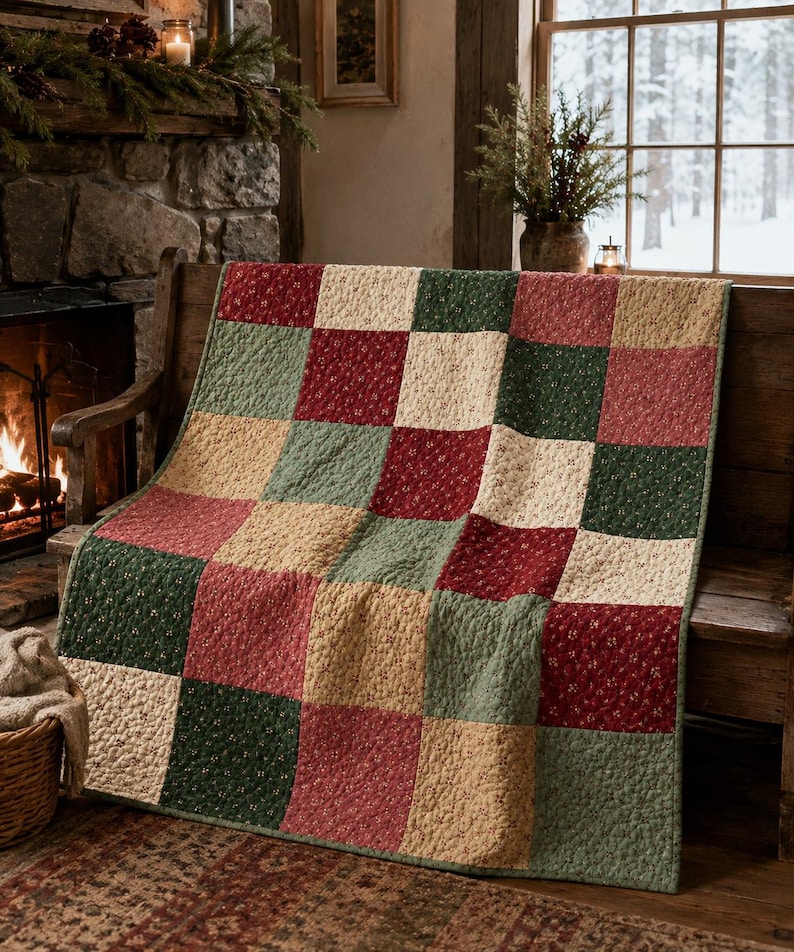 May include: A patchwork quilt featuring a repeating grid of square fabric panels in shades of deep red, forest green, and cream. Each square is decorated with a small, intricate floral print pattern, and the entire quilt has a quilted texture.