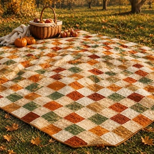 K&ouml;nnte beinhalten: Ein quadratischer Steppdecke mit einem rautenf&ouml;rmigen Patchwork-Muster in den Farben Orange, Dunkelgr&uuml;n, Braun und Creme. Die Decke liegt auf Gras, daneben steht ein geflochtener Weidenkorb, der mit &Auml;pfeln und K&uuml;rbissen gef&uuml;llt ist.