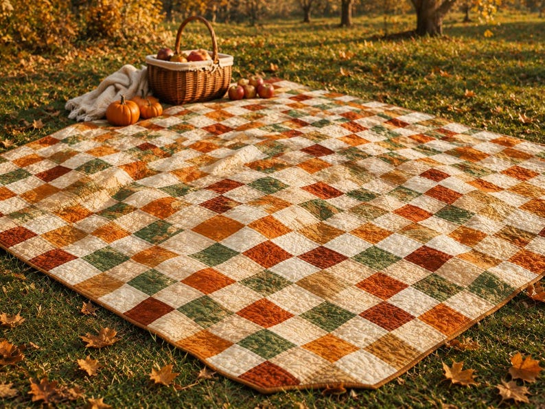 K&ouml;nnte beinhalten: Ein quadratischer Steppdecke mit einem rautenf&ouml;rmigen Patchwork-Muster in den Farben Orange, Dunkelgr&uuml;n, Braun und Creme. Die Decke liegt auf Gras, daneben steht ein geflochtener Weidenkorb, der mit &Auml;pfeln und K&uuml;rbissen gef&uuml;llt ist.