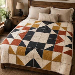 May include: A bed with a wooden frame and a geometric patterned quilt. The quilt features a cream background with navy, rust, and mustard-yellow triangles and squares. Beige pillows and a decorative pillow are on the bed.
