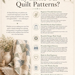 May include: An informational flyer for OpenAirLiving quilt patterns featuring a beige background with dark text. It lists six benefits of the patterns, including beginner-friendly instructions, step-by-step guidance, and printable digital formats.