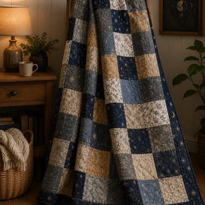 Puede incluir: Una colcha de patchwork con una cuadr&iacute;cula repetitiva de cuadrados en azul marino, beige y crema. Los cuadrados azul marino est&aacute;n decorados con motivos de estrellas y lunas doradas, mientras que los beige y crema tienen patrones florales.