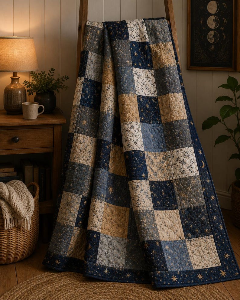Puede incluir: Una colcha de patchwork con una cuadr&iacute;cula repetitiva de cuadrados en azul marino, beige y crema. Los cuadrados azul marino est&aacute;n decorados con motivos de estrellas y lunas doradas, mientras que los beige y crema tienen patrones florales.