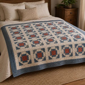 May include: A quilt featuring a repeating block pattern in shades of cream, dusty blue, and terracotta orange. The design consists of a central square surrounded by triangles and squares, finished with a solid blue border and intricate stitching.