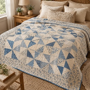 Op de afbeelding: Een bedsprei met een herhalend windmolenpatroon in blauw- en crèmetinten. De sprei heeft een bloemenrand en doorlopende stiksels. Het ligt over een bed met beige kussens en een gevlochten hoofdeinde in een slaapkameromgeving.