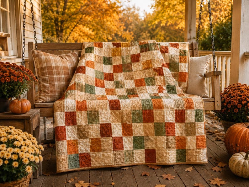 K&ouml;nnte beinhalten: Eine Patchwork-Decke mit einem Gitter aus quadratischen Stoffbl&ouml;cken in den Farben Creme, gebranntes Orange, Olivgr&uuml;n und Braun. Die Decke liegt &uuml;ber einer Holzschaukel, die von zwei Kissen sowie Topf-Chrysanthemen und K&uuml;rbissen umgeben ist.