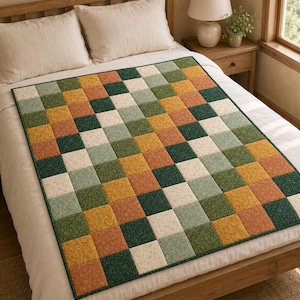 Könnte beinhalten: Eine Patchwork-Decke mit einem Raster aus quadratischen Stoffblöcken in abwechselnden Farben wie Waldgrün, Senfgelb, Terrakotta-Orange und Creme mit einer dezent gesprenkelten Textur, eingefasst mit einer dunkelgrünen Bordüre an allen Seiten.
