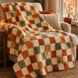 K&ouml;nnte beinhalten: Eine Steppdecke mit einem Karomuster aus abwechselnden Quadraten in den Farben gebranntes Orange, Salbeigr&uuml;n und Creme. Der Stoff hat eine sichtbare Steppstruktur mit gen&auml;hten Linien, die das Gitter bilden, drapiert &uuml;ber einem Sitz.