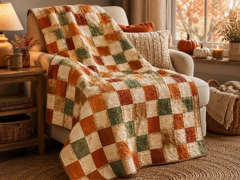 K&ouml;nnte beinhalten: Eine Steppdecke mit einem Karomuster aus abwechselnden Quadraten in den Farben gebranntes Orange, Salbeigr&uuml;n und Creme. Der Stoff hat eine sichtbare Steppstruktur mit gen&auml;hten Linien, die das Gitter bilden, drapiert &uuml;ber einem Sitz.
