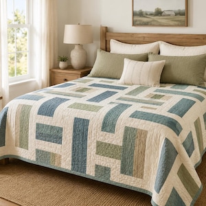 Könnte beinhalten: Eine Steppdecke mit einem geometrischen Muster aus rechteckigen Blöcken in Blau-, Salbeigrün- und Cremetönen. Die Decke liegt auf einem Bett mit zwei großen olivgrünen Kissen und einem kleineren cremefarbenen Zierkissen mit dünnen vertikalen Streifen.