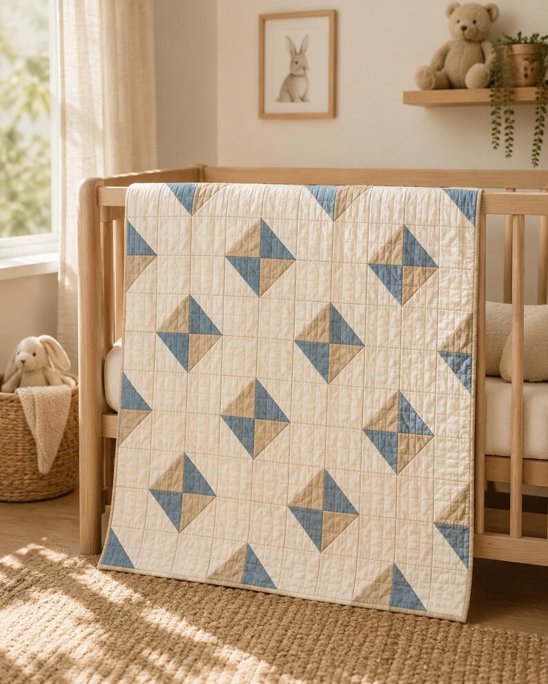 May include: A rectangular quilt featuring a cream-coloured base with a grid of stitched lines. The quilt is decorated with a repeating pattern of squares, each divided into two triangles of muted blue and tan fabric, arranged in a diagonal layout.