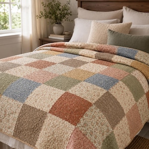 May include: A patchwork quilt in a variety of colours including beige, blue, green, and rust. The quilt is made up of square blocks with floral and solid patterns. The bed has pillows and a wooden headboard.