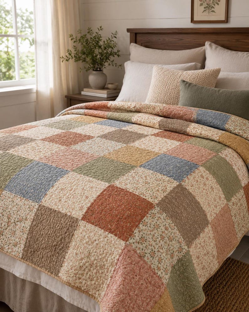 May include: A patchwork quilt in a variety of colours including beige, blue, green, and rust. The quilt is made up of square blocks with floral and solid patterns. The bed has pillows and a wooden headboard.