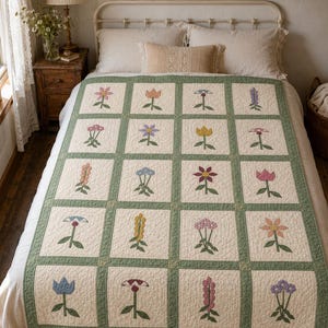 May include: A cream-colored quilt featuring a grid of twenty square blocks, each displaying a unique embroidered flower in various colors. The blocks are separated by sage green sashing and small square cornerstones, creating a structured botanical pattern.