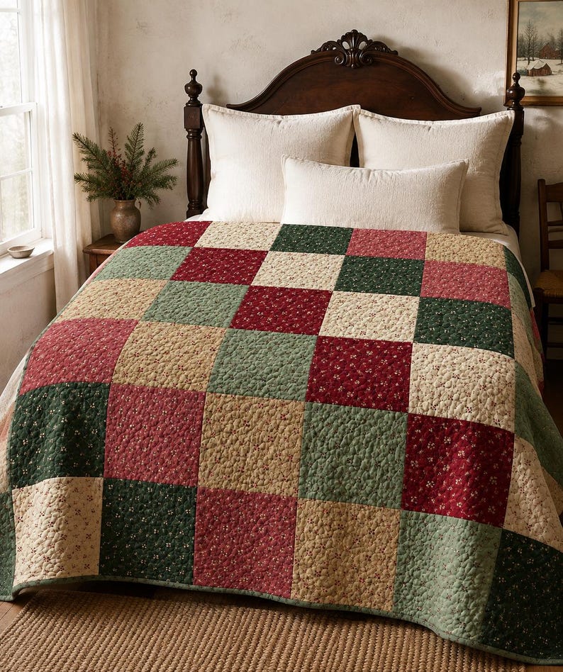 May include: A patchwork quilt featuring a repeating grid of square fabric panels in shades of deep red, forest green, and cream. Each square is decorated with a small-scale floral print pattern, and the entire quilt has a quilted texture.