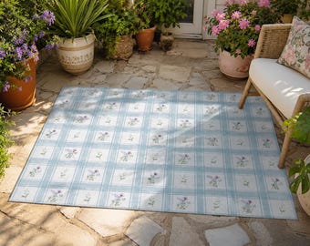 Blue Floral Plaid Outdoor Rug | Checkered Garden Mat