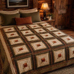 May include: A bed quilt featuring a repeating square block pattern in shades of cream, olive green, and burnt orange. The quilt is constructed with stitched borders around each central square, creating a textured, geometric grid across the surface.