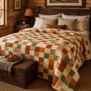 May include: A bed quilt featuring a patchwork pattern of alternating squares in shades of cream, burnt orange, and sage green. The quilt covers a bed with multiple pillows, including a solid orange lumbar pillow, and rests atop a wooden chest.