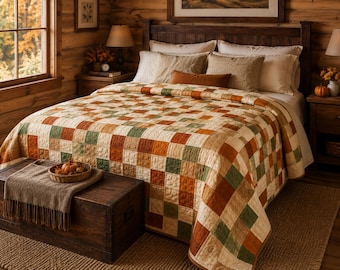 Modello PDF per trapunta a quattro quadrati "Pumpkin Patch", modello per trapunta autunnale per principianti, guida facile per realizzare una coperta patchwork, tutorial per trapunta autunnale in stile rustico